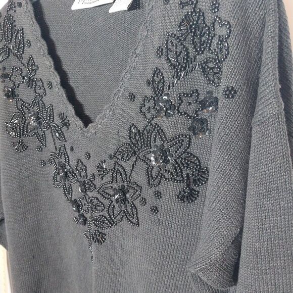 Vintage Trimmings Sweater Sz 22W/42 Black Beaded Floral Crochet Trim Grandmacore - Picture 2 of 8